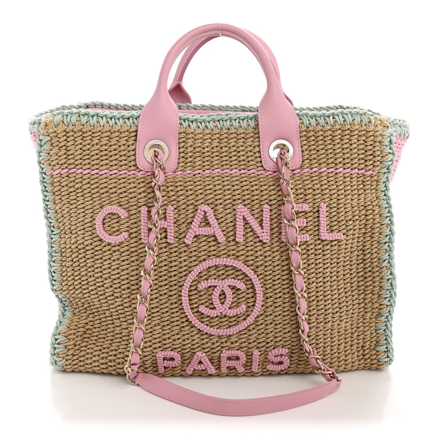 Raffia Crochet Medium Deauville Tote Beige Light Pink Green