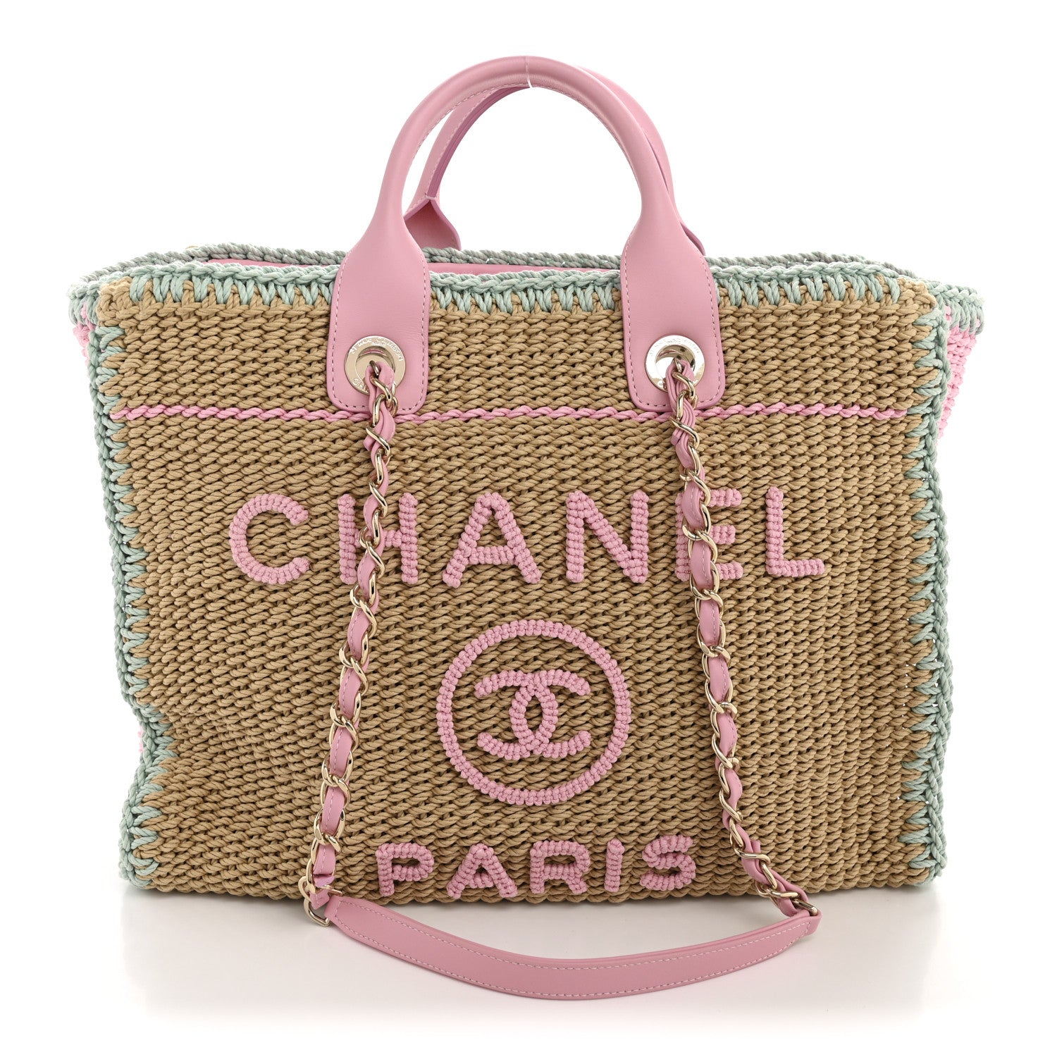 Chanel Raffia Crochet Medium Deauville Tote Beige Light Pink Green 1 of 11