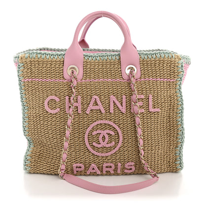 Chanel Raffia Crochet Medium Deauville Tote Beige Light Pink Green 1 of 11