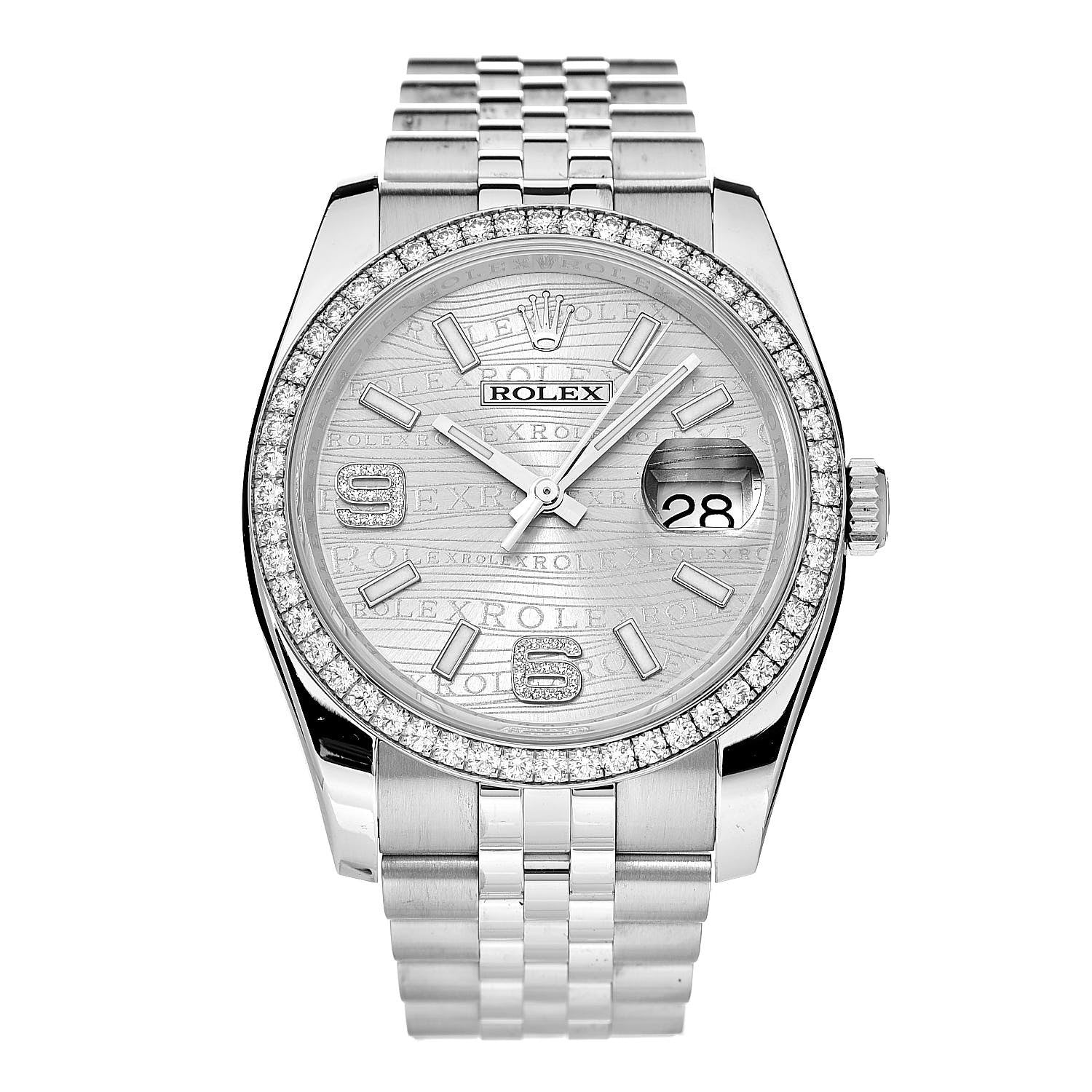 Rolex Stainless Steel 18K White Gold Diamond 36mm Oyster Perpetual Datejust Watch Rhodium Waves 116244 1 of 8