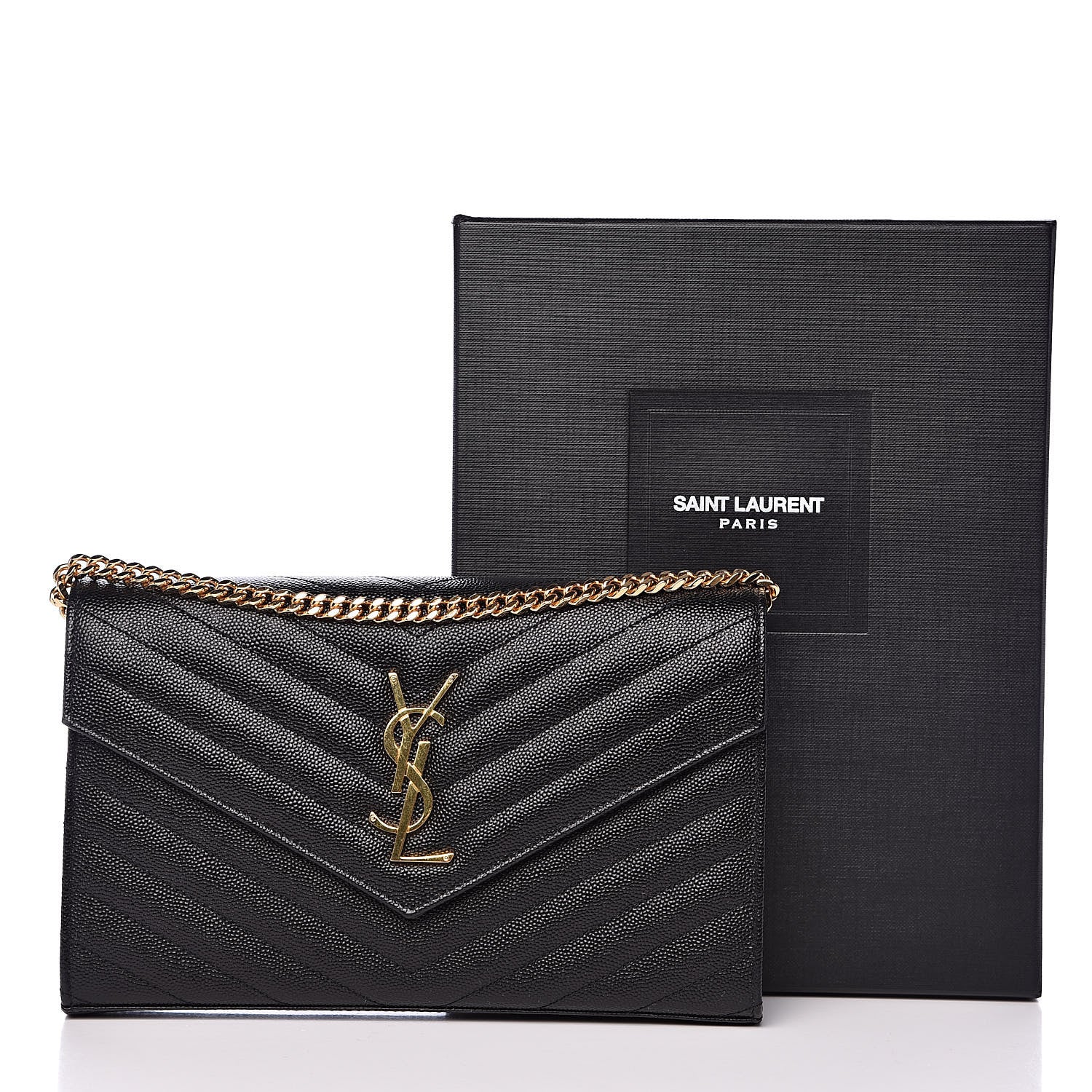 Saint Laurent Grain De Poudre Matelasse Chevron Monogram Chain Wallet Black 13 of 13
