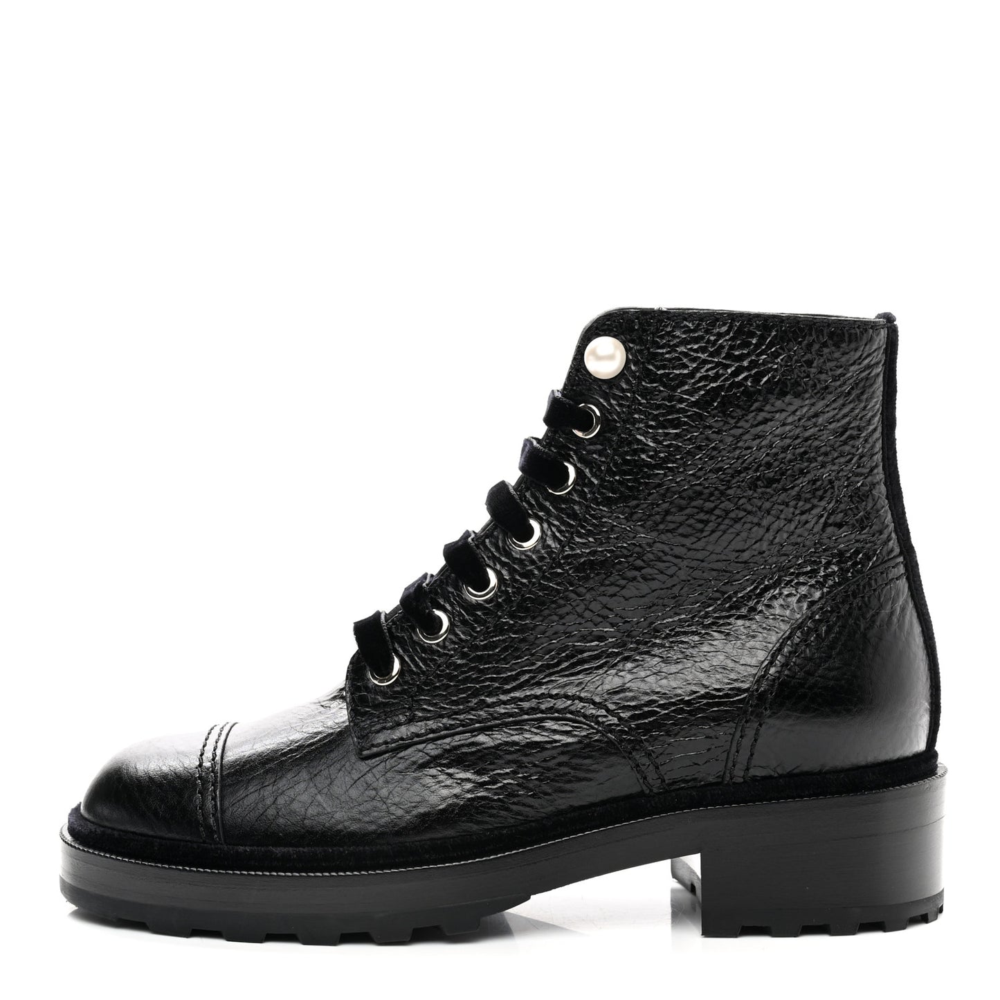 Shiny Calfskin Velvet Pearl Combat Short Boots 37.5 Black