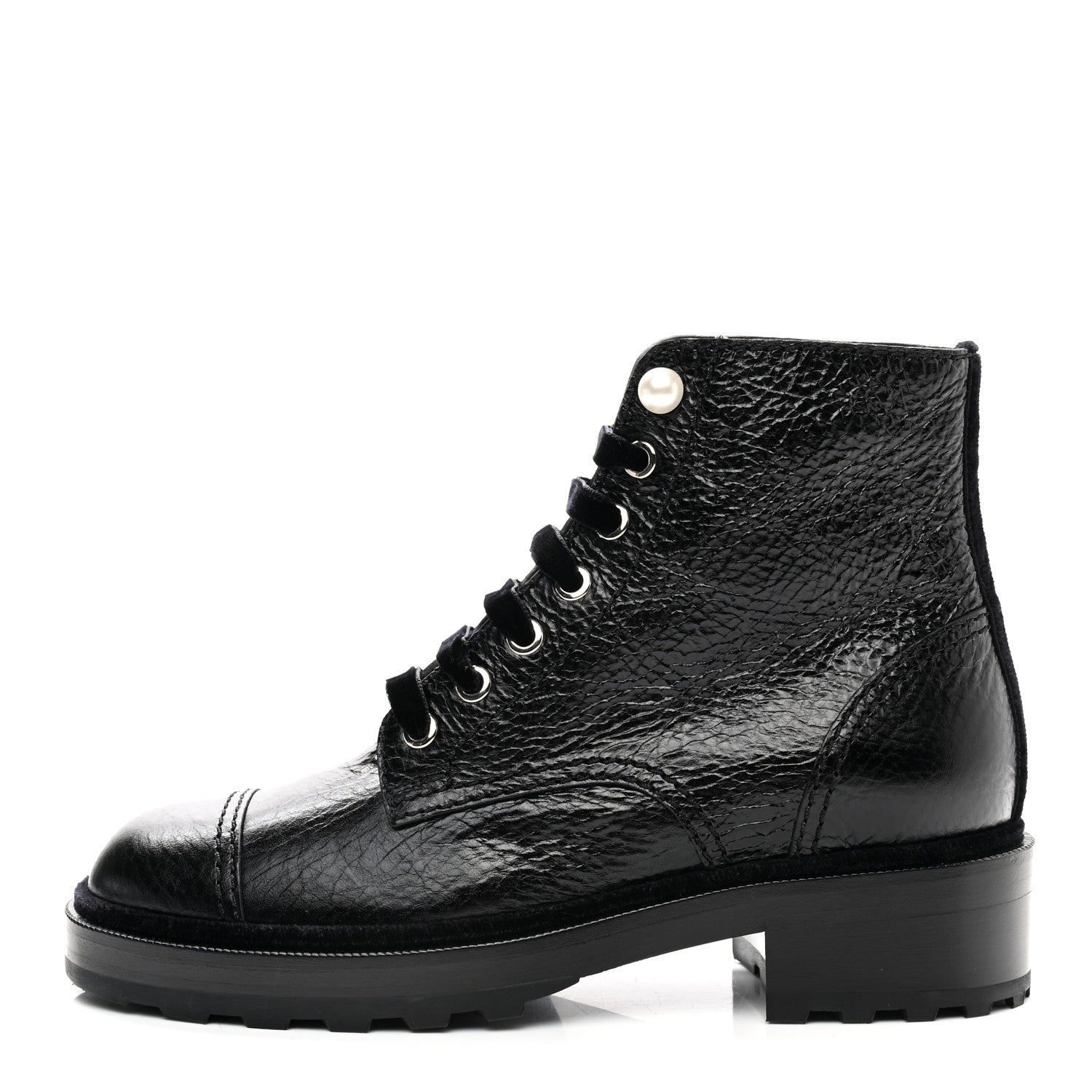 Chanel Shiny Calfskin Velvet Pearl Combat Short Boots 37.5 Black 1 of 10