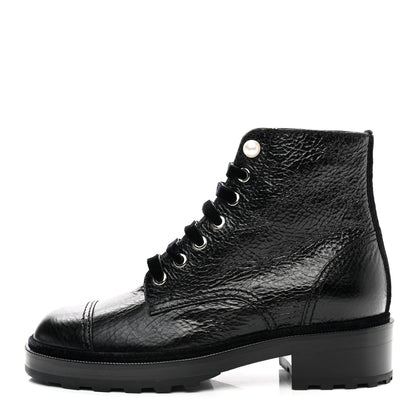 Chanel Shiny Calfskin Velvet Pearl Combat Short Boots 37.5 Black 1 of 10