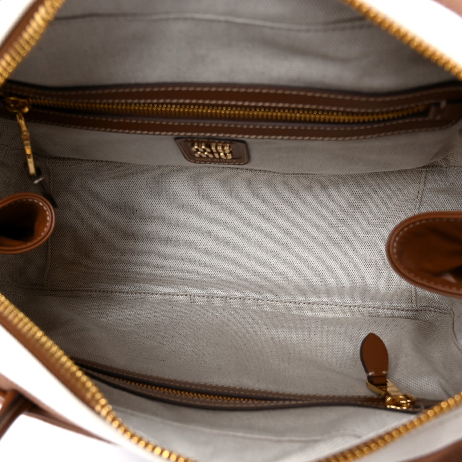 Miu Miu Canvas Calfskin Striped Large Beau Top Handle Bag Naturale Brandy 4 of 8