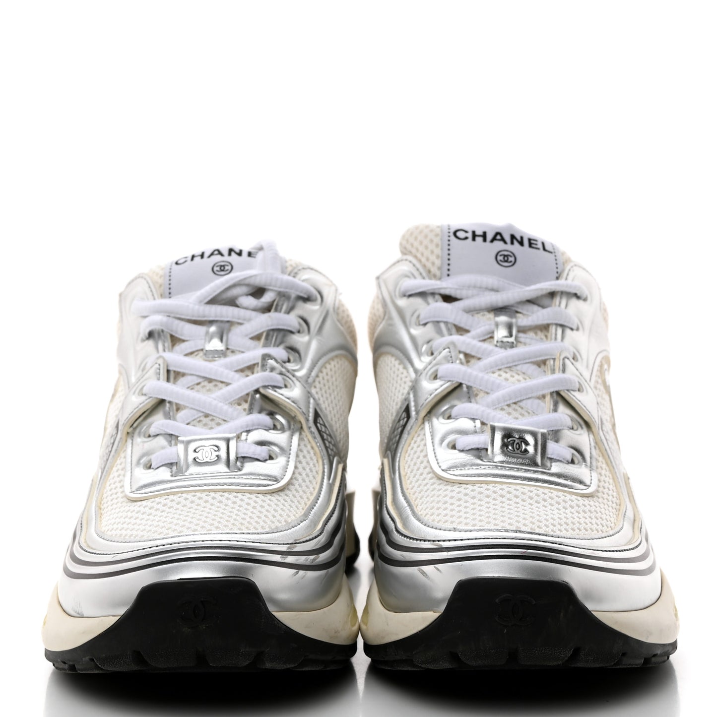 Fabric Laminated Calfskin Stretch CC Womens Sneakers 38.5 White Silver