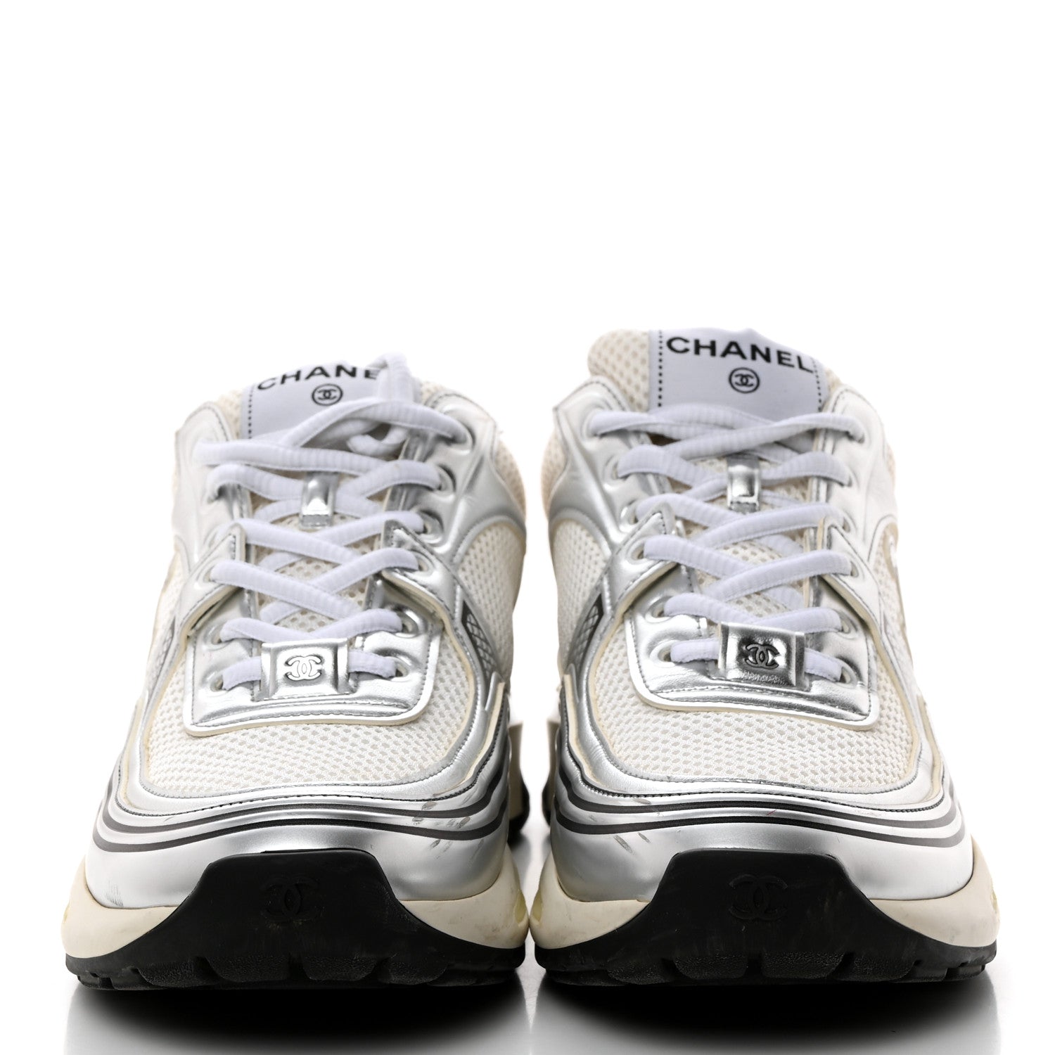 Chanel Fabric Laminated Calfskin Stretch CC Womens Sneakers 38.5 White Silver 2 of 11