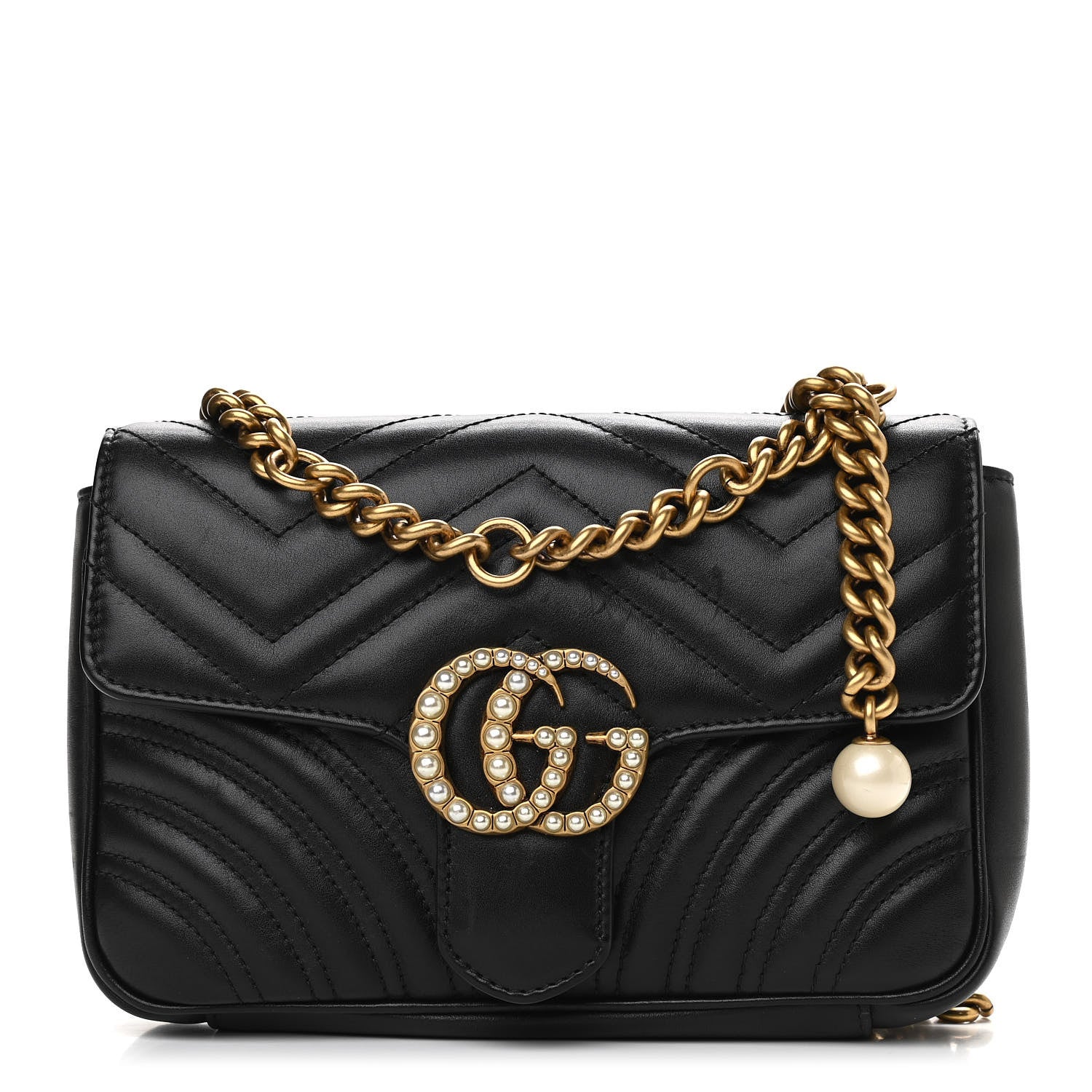 Gucci Calfskin Matelasse Pearly GG Marmont Chain Belt Bag Black 1 of 12