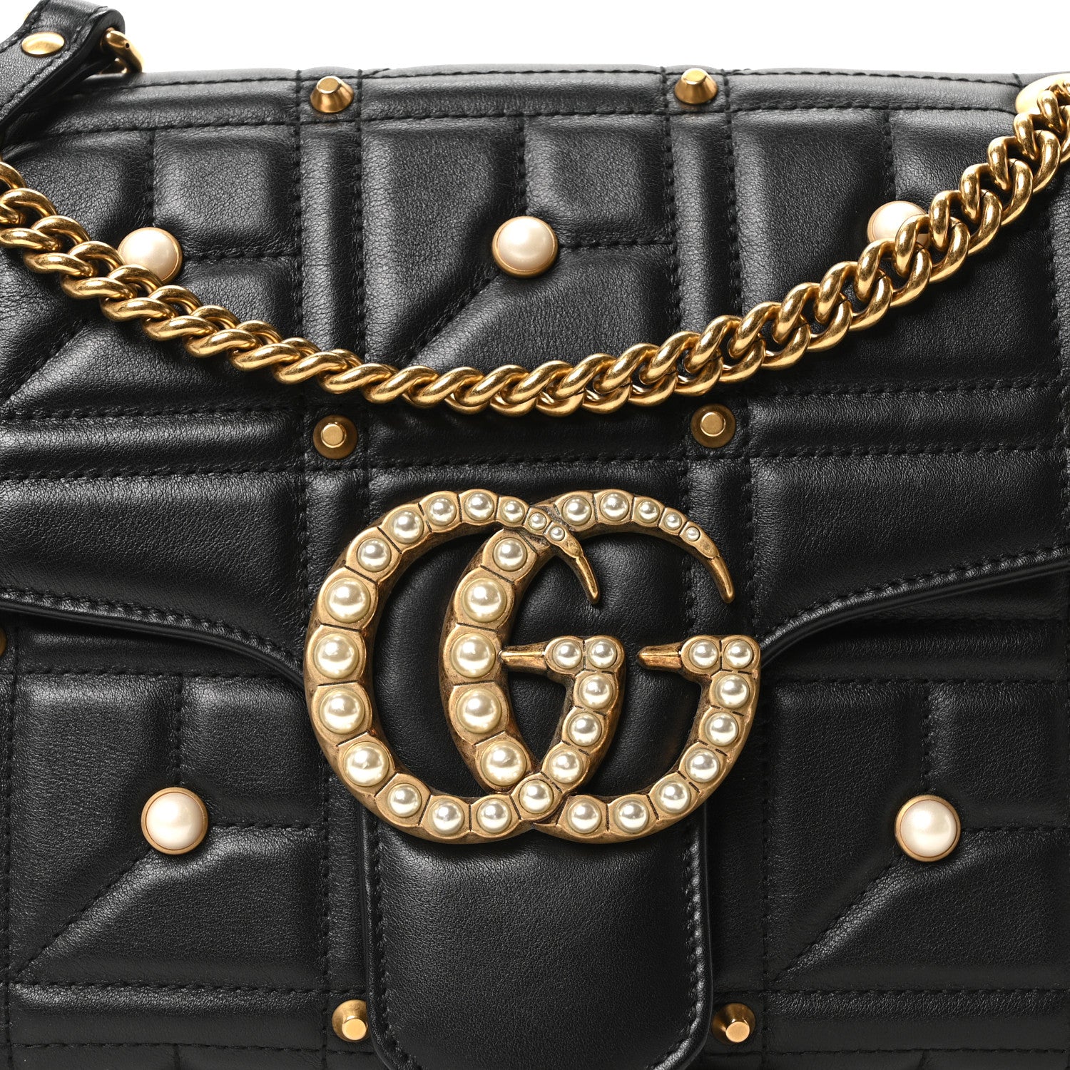 Gucci Calfskin Matelasse Studded Medium Pearly GG Marmont Shoulder Bag Black 8 of 10