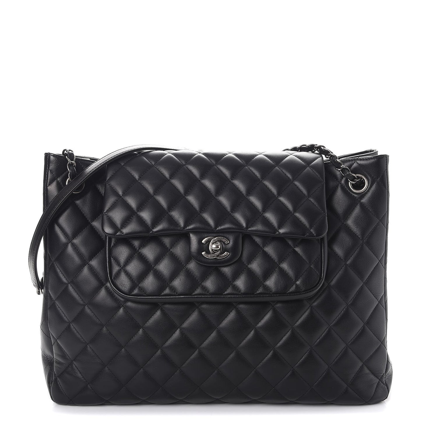 Calfskin Quilted Large Flap Shopping Tote Black