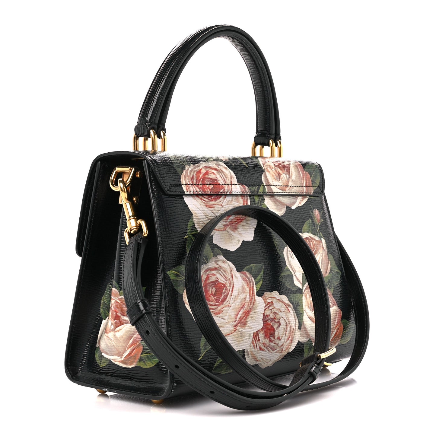 Grained Calfskin Floral Printed Medium Welcome Satchel Black