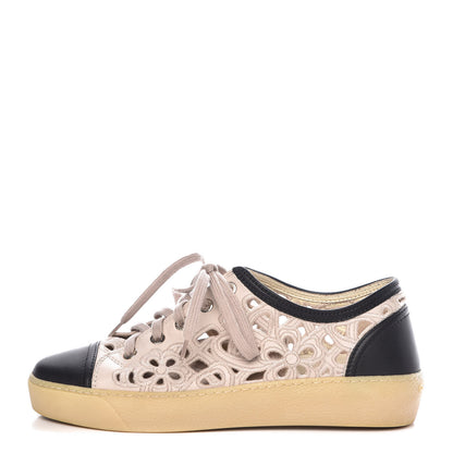 Chanel Grained Goatskin Hollow Out Flower Sneakers 37 Beige Black 1 of 8