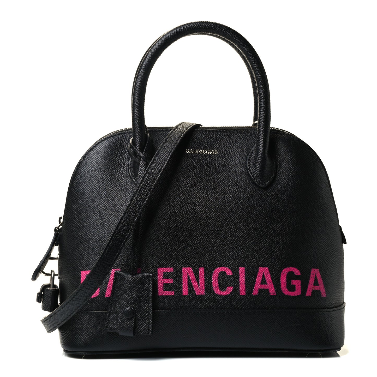 Signature Grained Calfskin Logo S Ville Top Handle Bag Black Rose Shocking