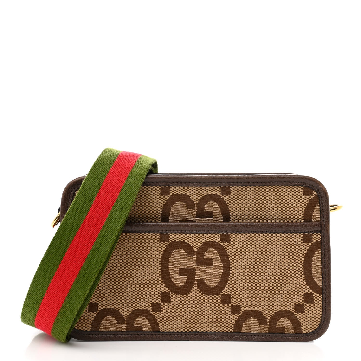 Gucci Monogram Jumbo GG Textured Dollar Calfskin Web Mini Crossbody Bag Camel Ebony New Acero 1 of 11