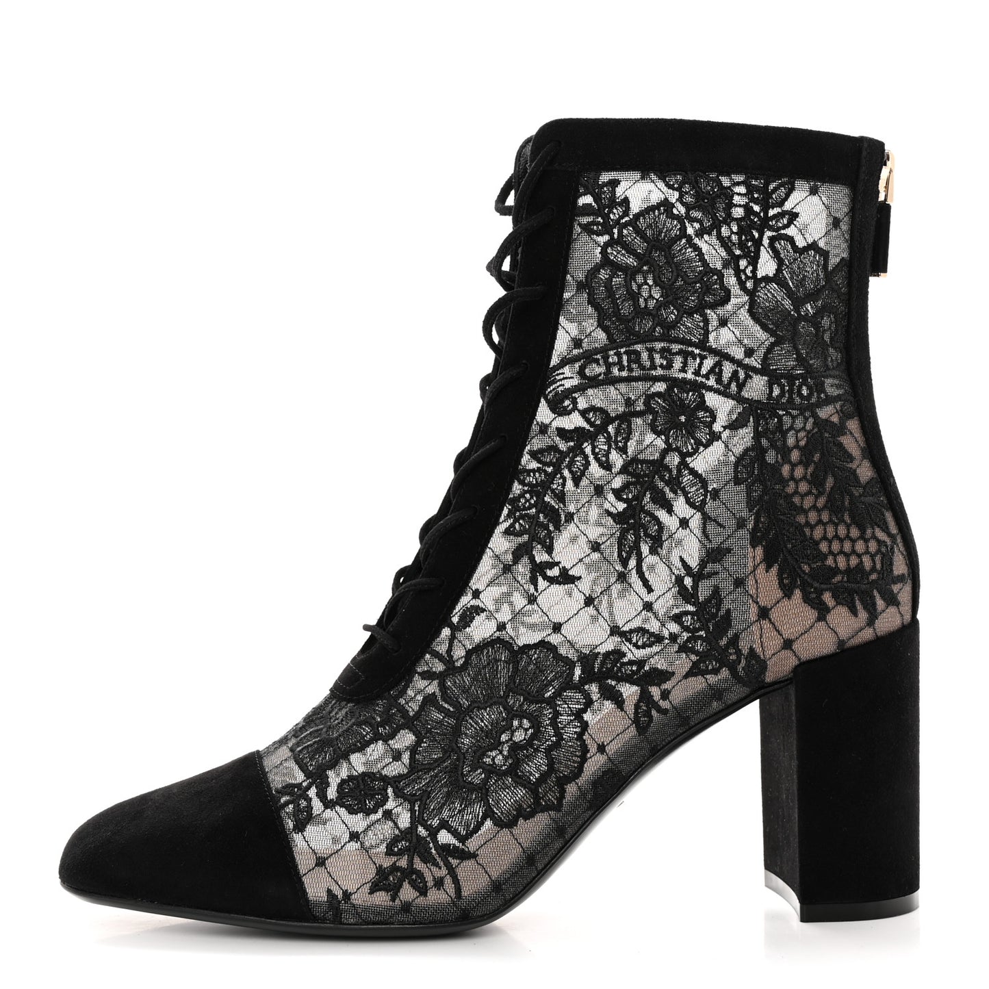 Suede Transparent Mesh Embroidered Roses Naughtily-D Heeled Lace Up Ankle Boots 39 Black