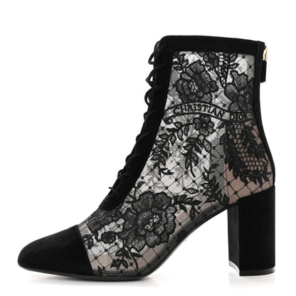 Christian Dior Suede Transparent Mesh Embroidered Roses Naughtily-D Heeled Lace Up Ankle Boots 39 Black 1 of 10