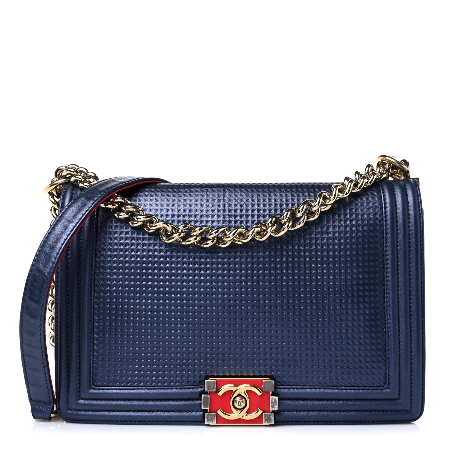 Lambskin Embossed New Medium Boy Cube Flap Navy