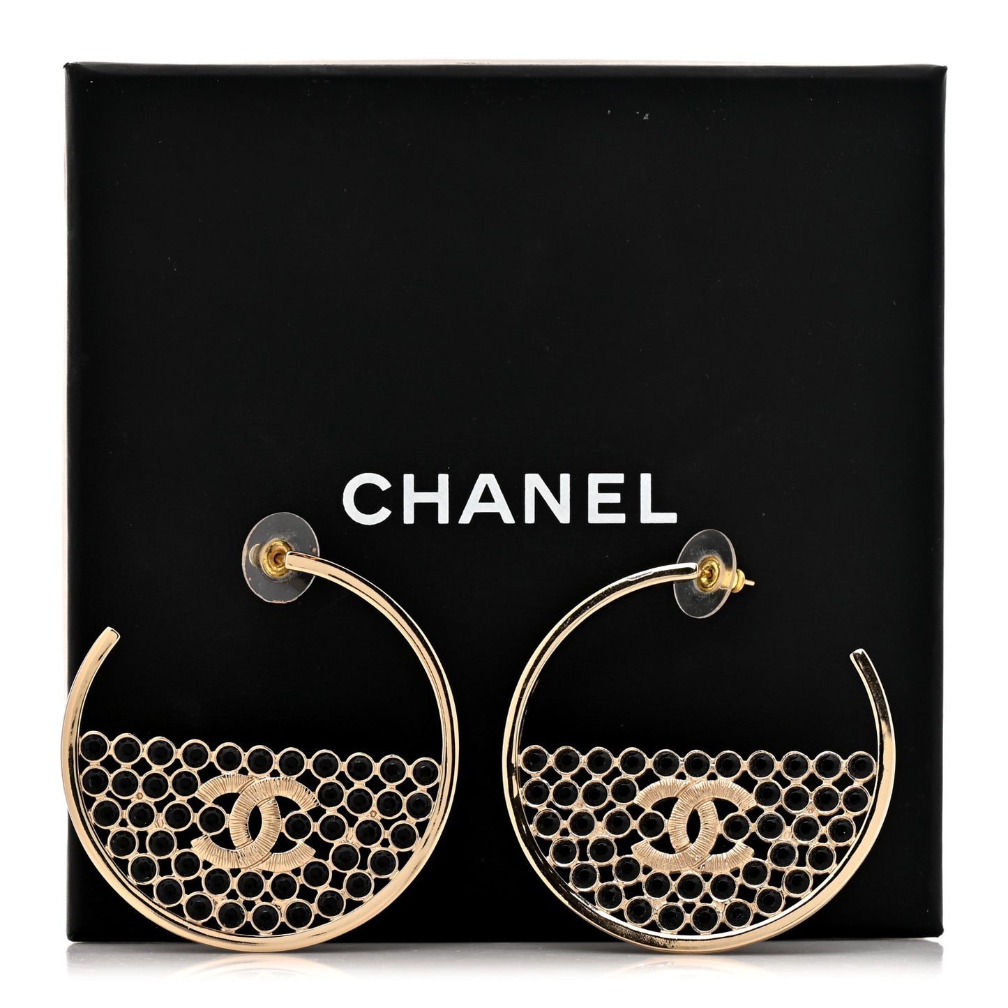 Metal Crystal CC Hoop Earrings Gold Black