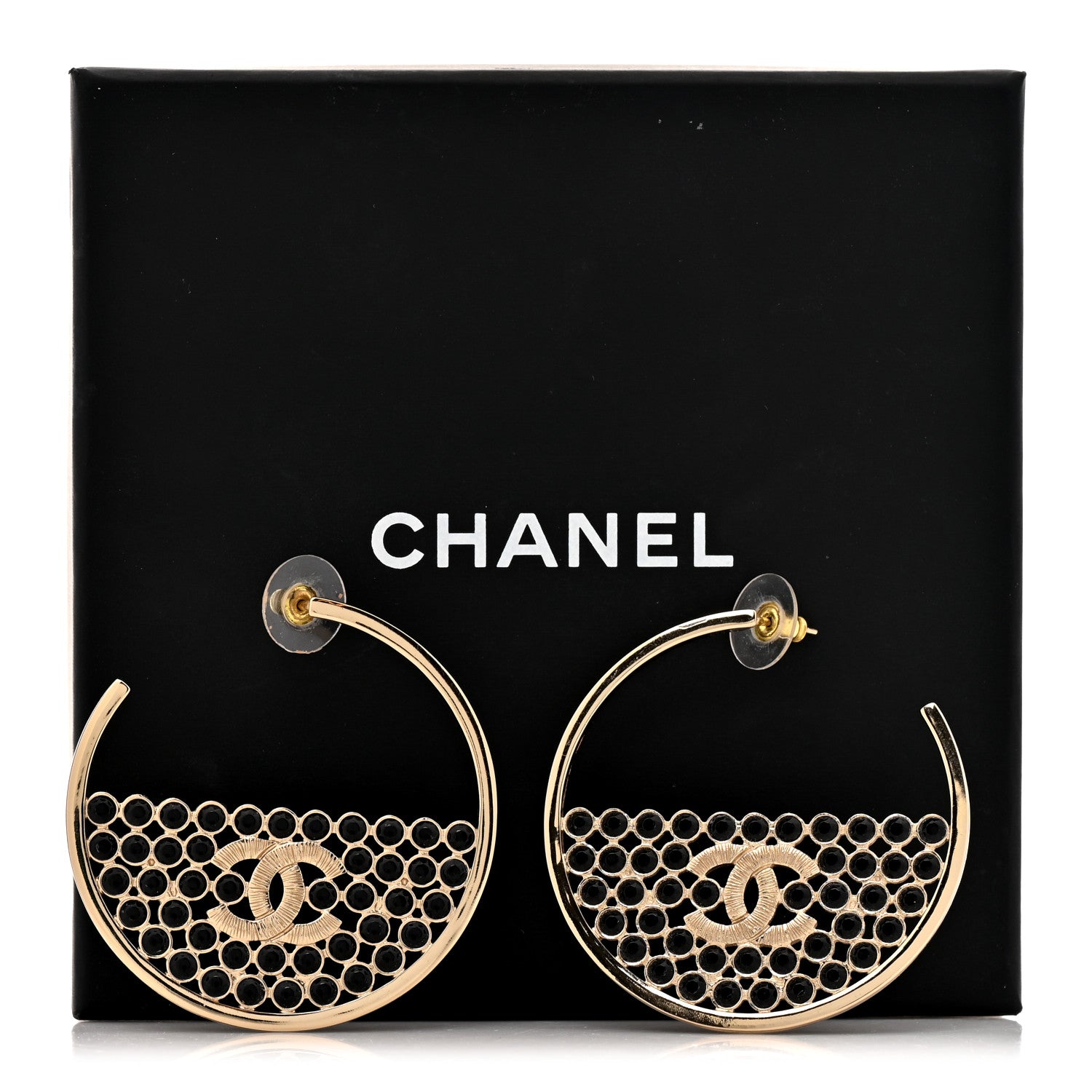 Chanel Metal Crystal CC Hoop Earrings Gold Black 6 of 6