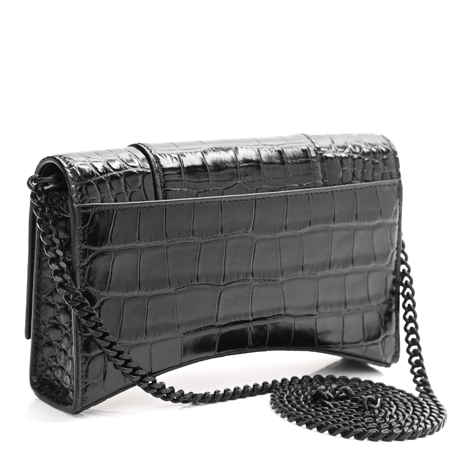 Balenciaga Shiny Calfskin Monochrome Crocodile Embossed Hourglass Chain Bag Black 2 of 8