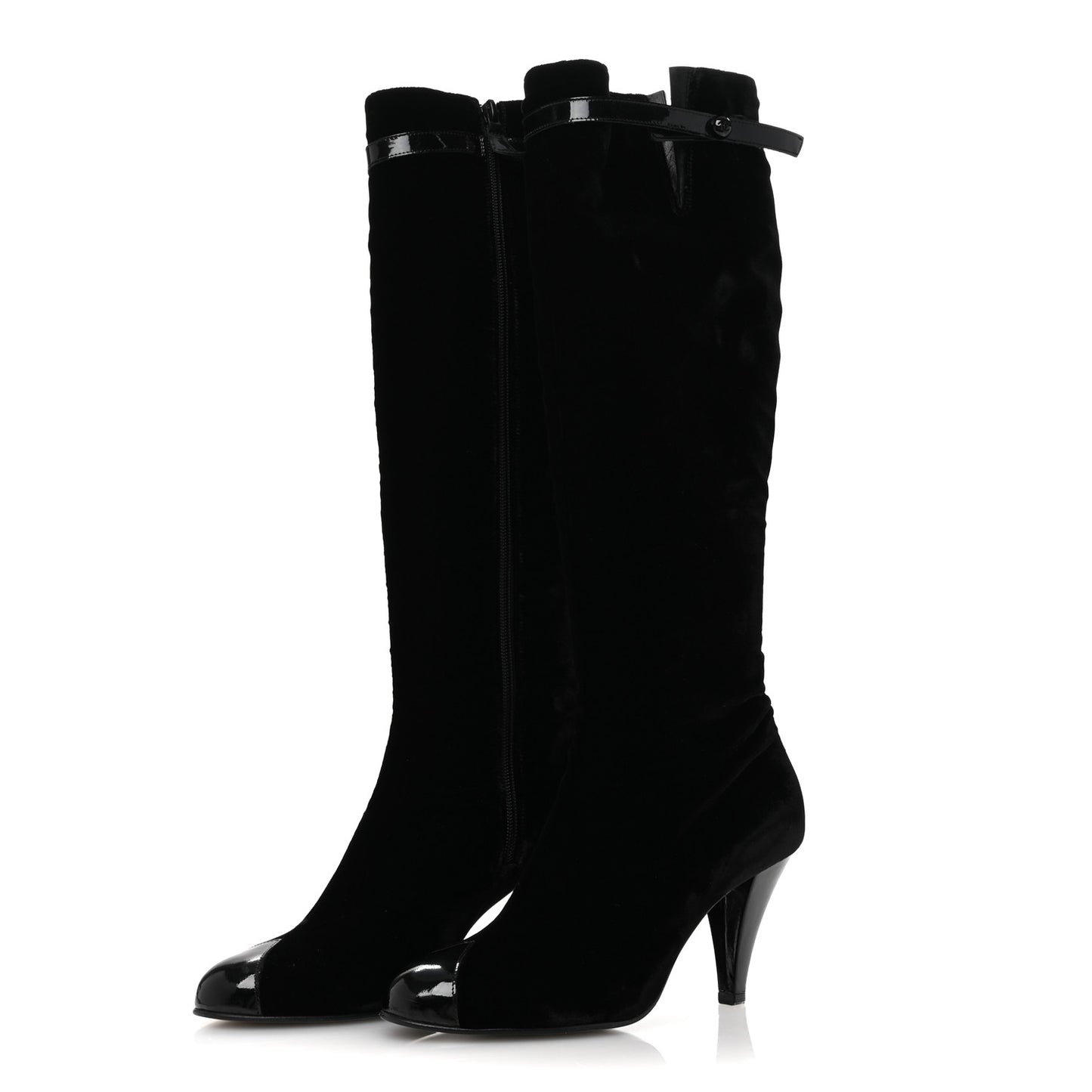 Velvet Patent Cap Toe Knee High Boots 37.5 Black