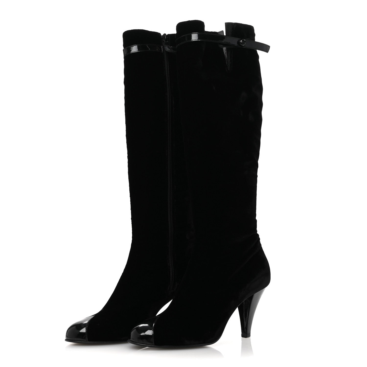 Chanel Velvet Patent Cap Toe Knee High Boots 37.5 Black 3 of 9