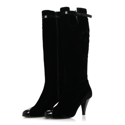 Chanel Velvet Patent Cap Toe Knee High Boots 37.5 Black 3 of 9