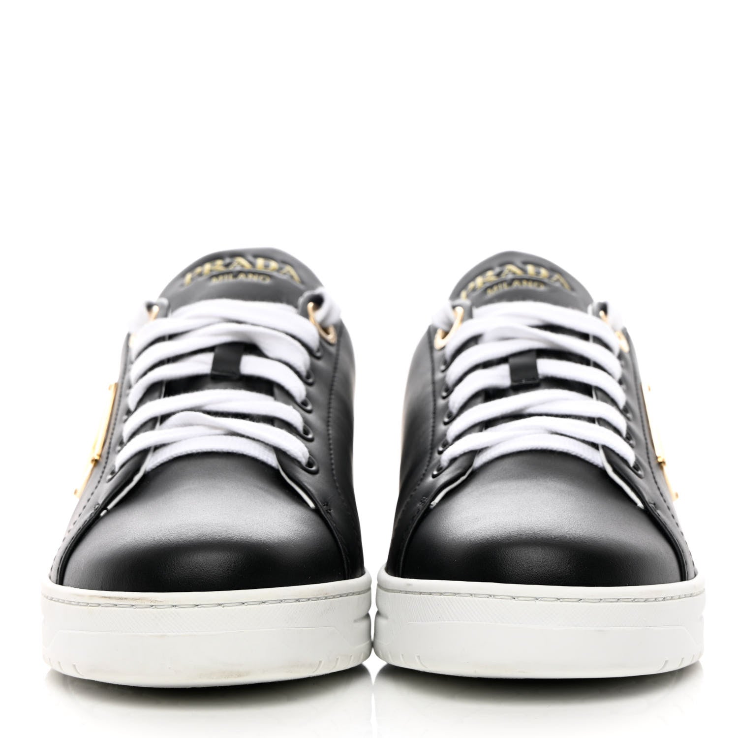 Prada Vitello Soft Metal Triangle Logo Womens Edge Low Top 30mm Sneakers 39 Black White 2 of 10