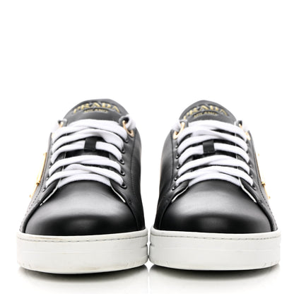 Prada Vitello Soft Metal Triangle Logo Womens Edge Low Top 30mm Sneakers 39 Black White 2 of 10