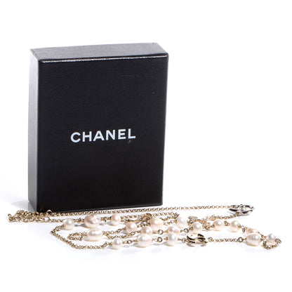 Chanel Crystal Pearl CC Bow Long Necklace Light Gold 6 of 6