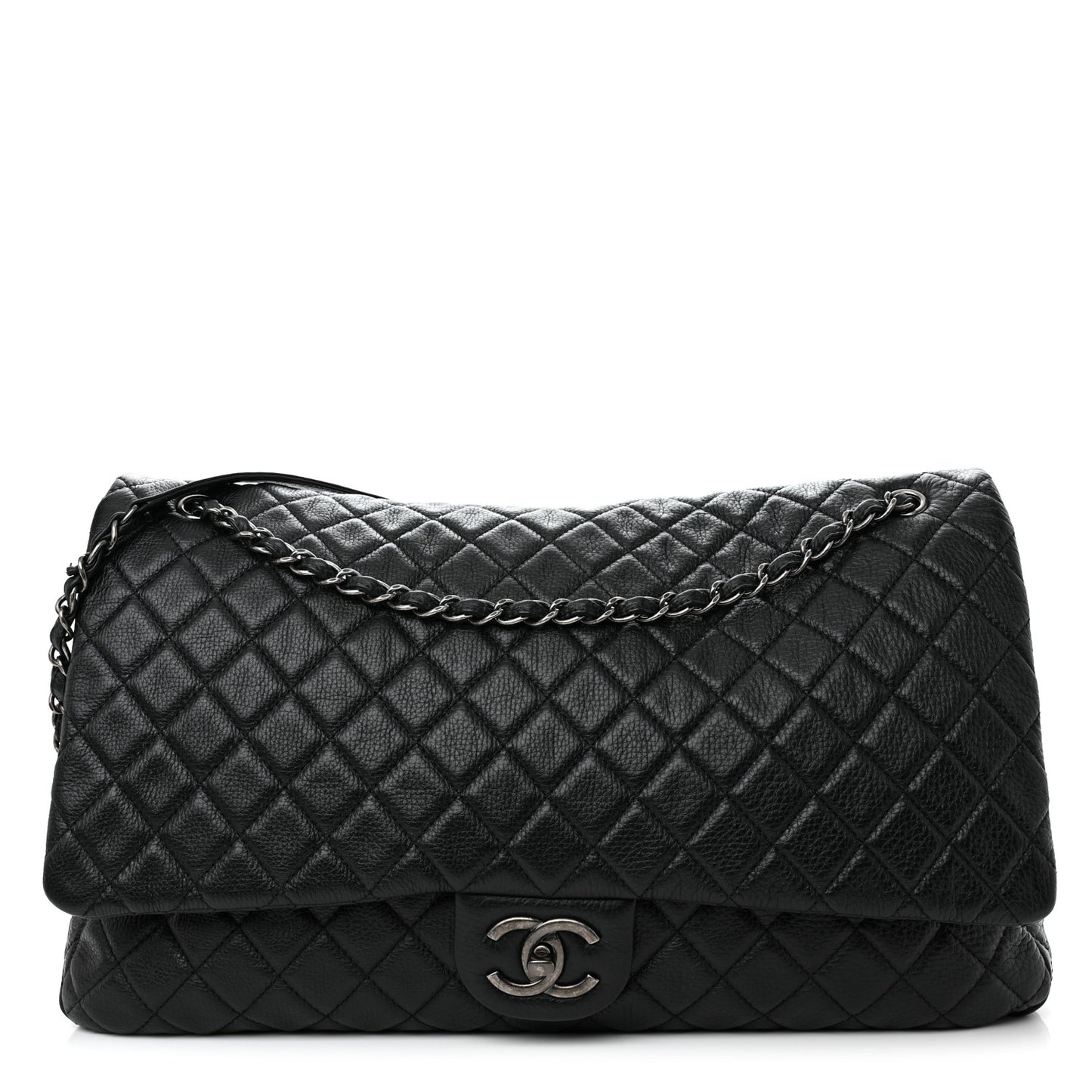 Calfskin Quilted XXL Travel Flap Bag Black