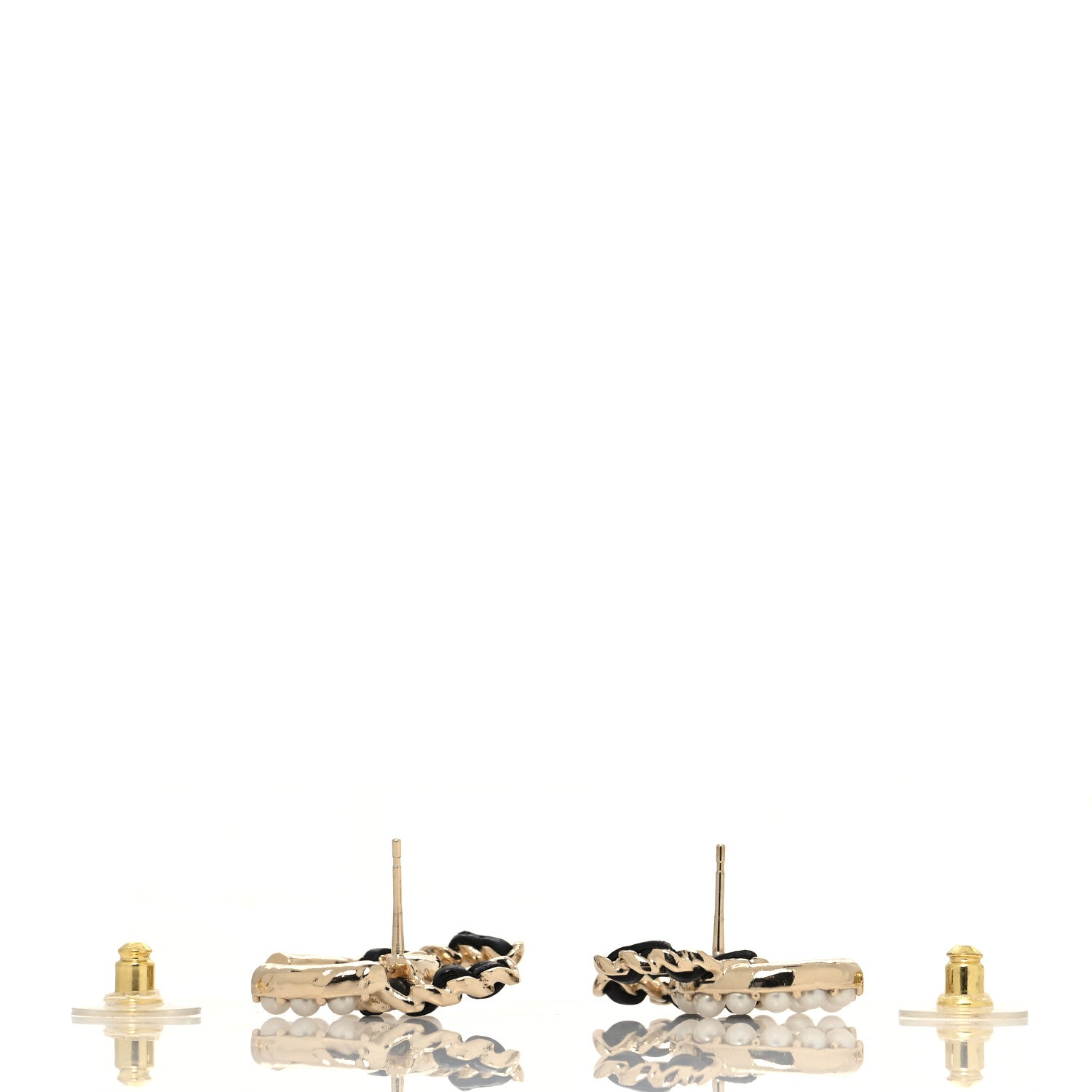 Chanel Pearl Lambskin Chain CC Stud Earrings Gold Black 3 of 4