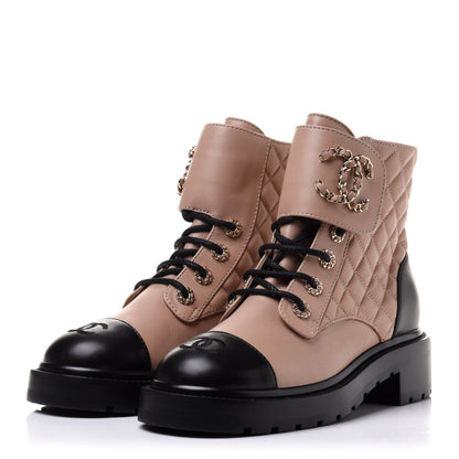 Chanel Shiny Lambskin Quilted Lace Up Combat Boots 38 Beige Black 3 of 12