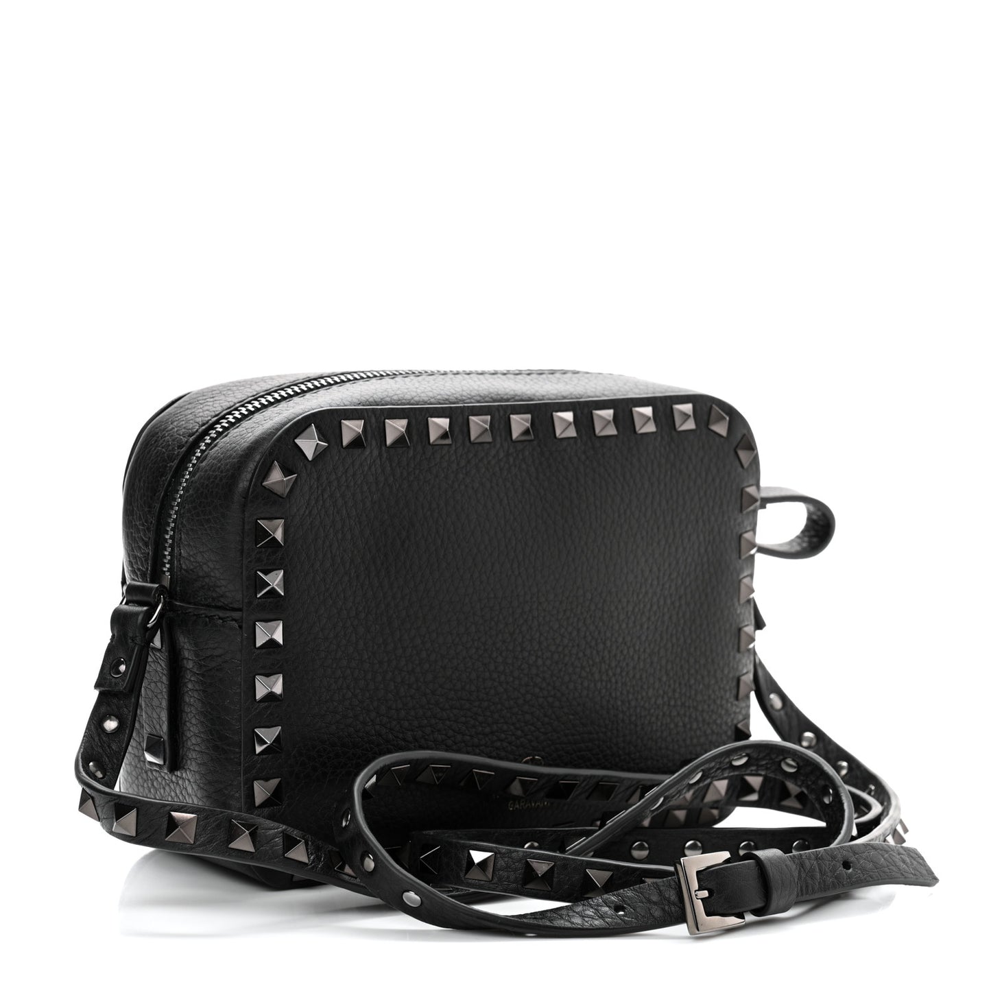 Pebbled Calfskin Rockstud Camera Crossbody Bag Black