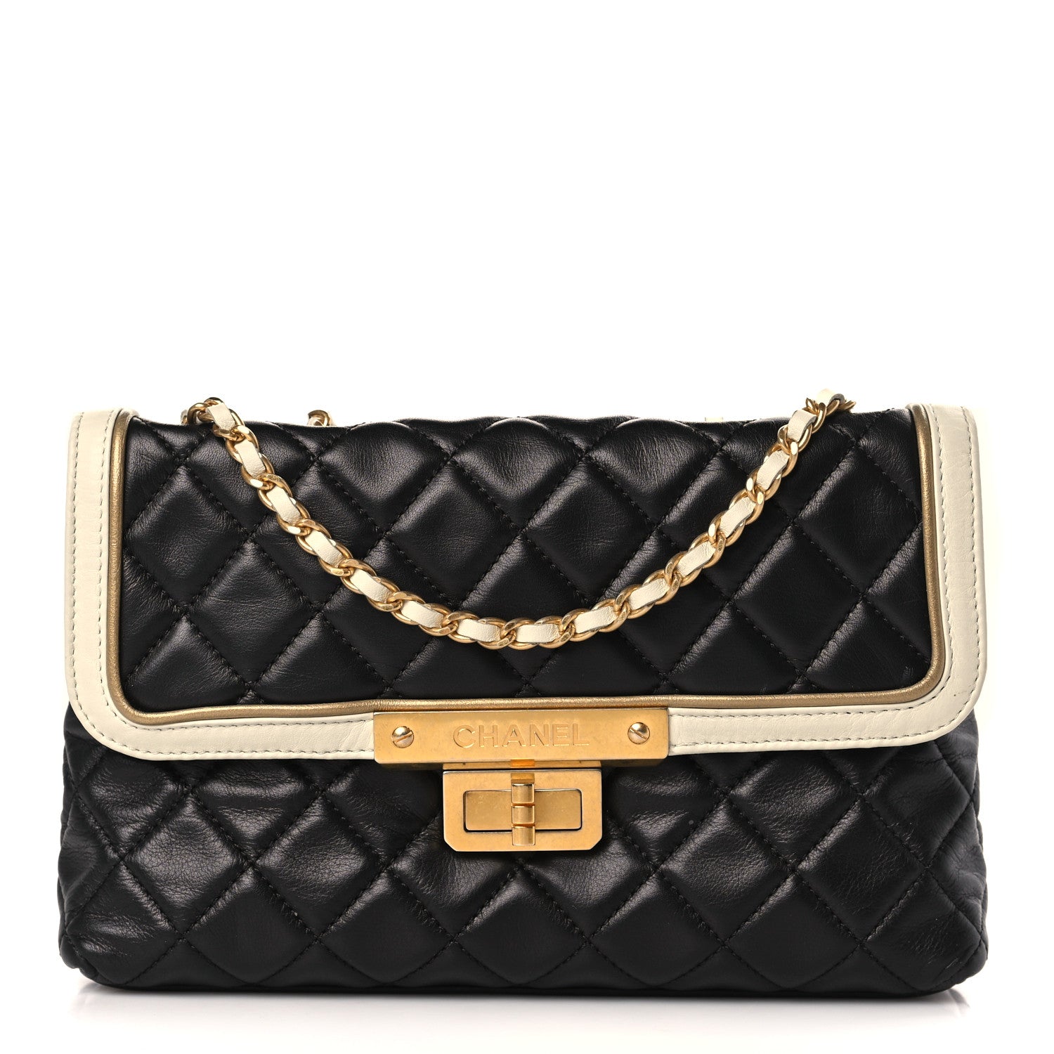 Chanel Lambskin Quilted Mademoiselle East West Flap Black White 1 of 10