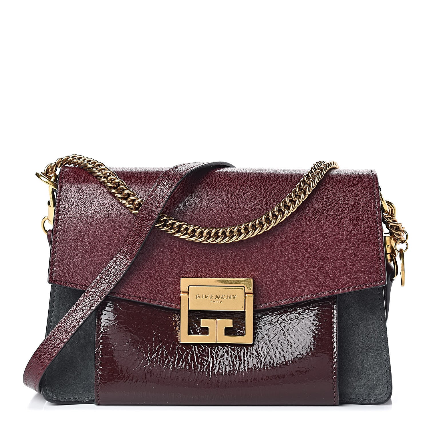 Givenchy Crinkled Patent Deerskin Suede Small GV3 Shoulder Bag Aubergine Graphite 1 of 12