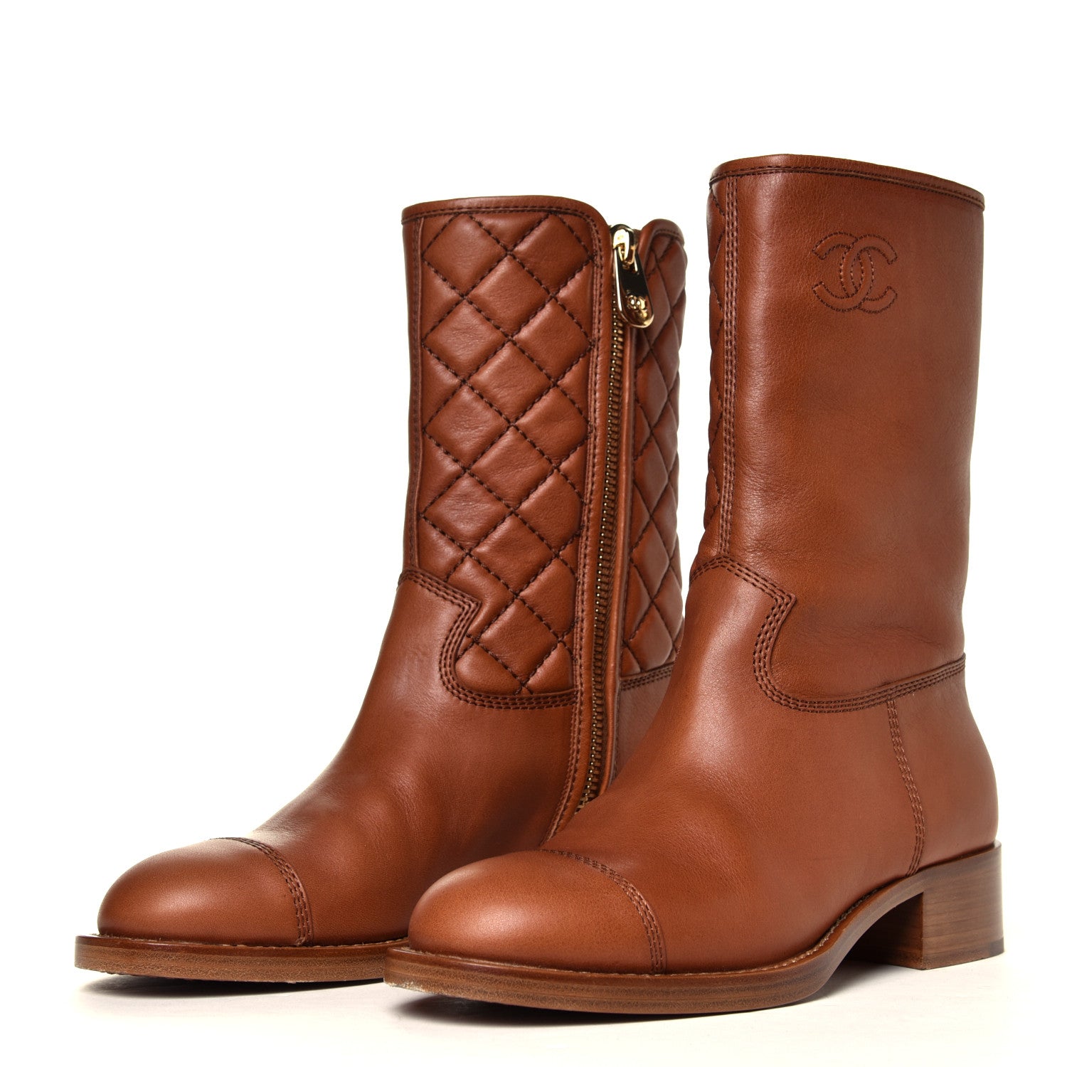 Chanel Calfskin Quilted CC Logo Mid Calf Boots 38 Caramel 2 of 7