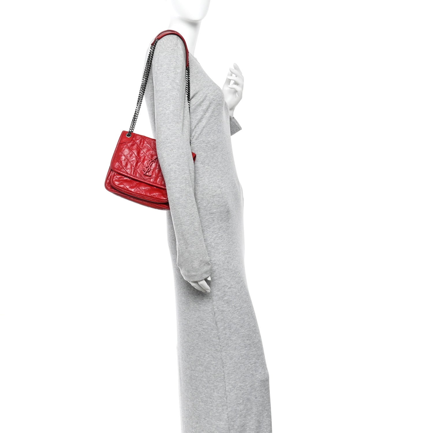 Saint Laurent Crinkled Calfskin Matelasse Monogram Baby Niki Chain Satchel Rouge Eros 2 of 10