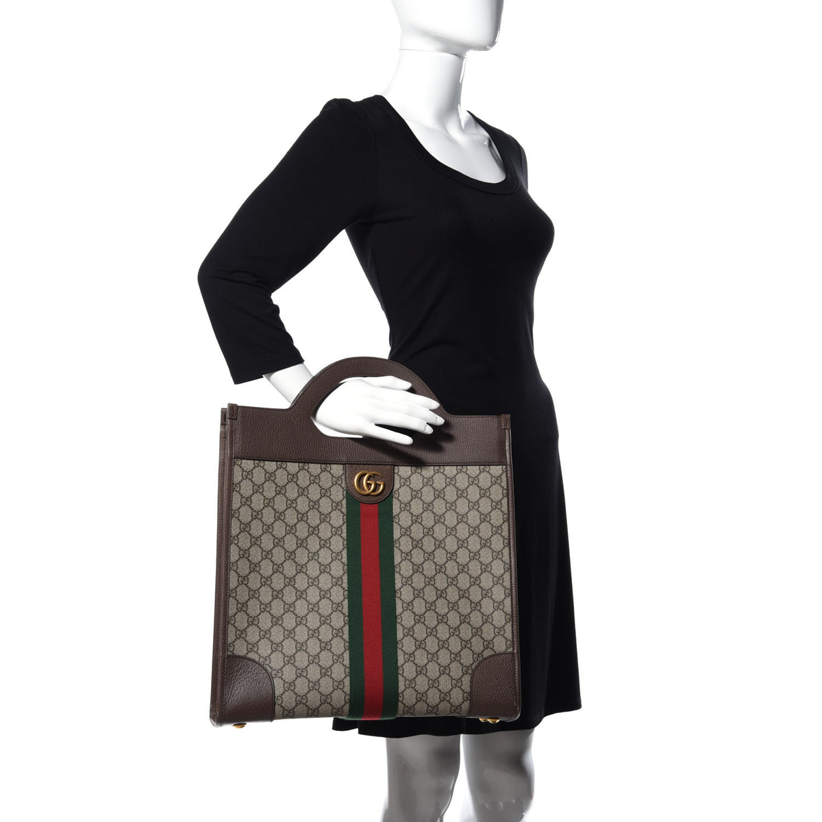 GG Supreme Monogram Textured Calfskin Web Medium Ophidia Slip Handle Tote Beige Ebony New Acero