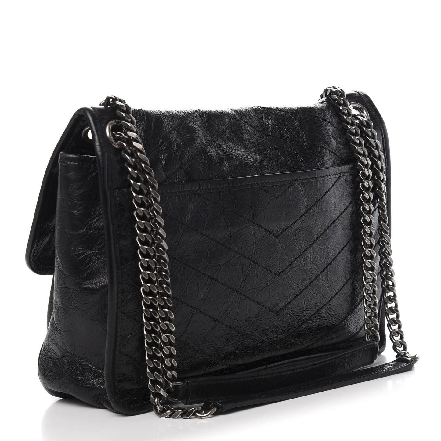 Crinkled Calfskin Matelasse Monogram Medium Niki Chain Satchel Black