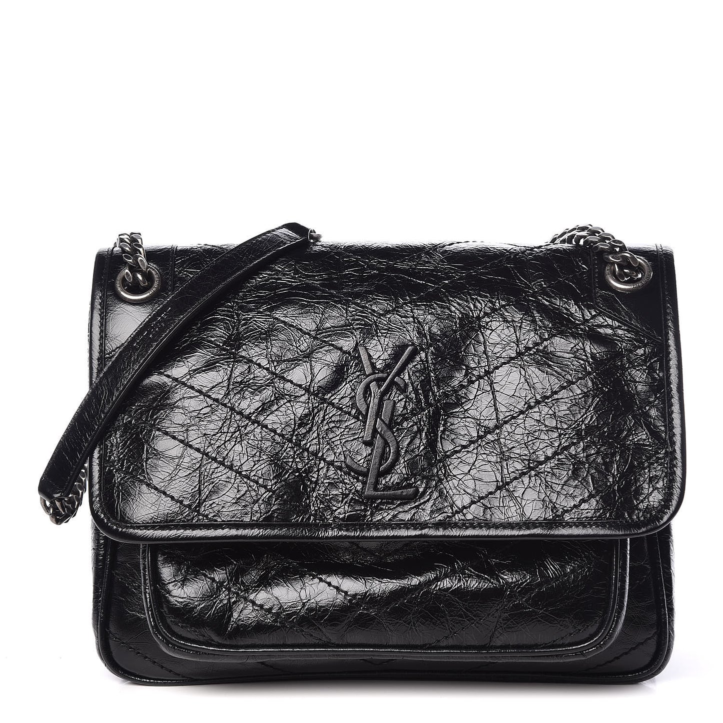 Crinkled Calfskin Matelasse Monogram Medium Niki Chain Satchel Black