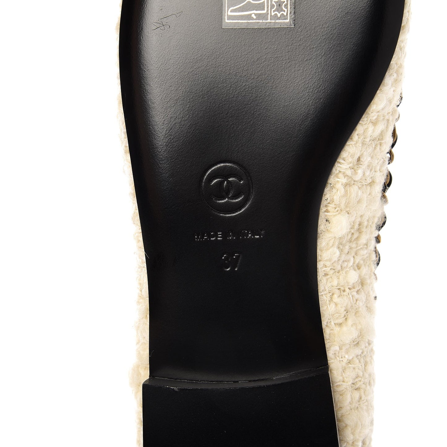 Tweed Grosgrain Chained Cap Toe Ballerina Flats 37 Ivory Black