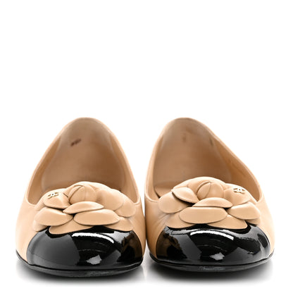 Chanel Lambskin Patent Cap Toe Camellia Ballerina Flats 39 Beige Black 3 of 9