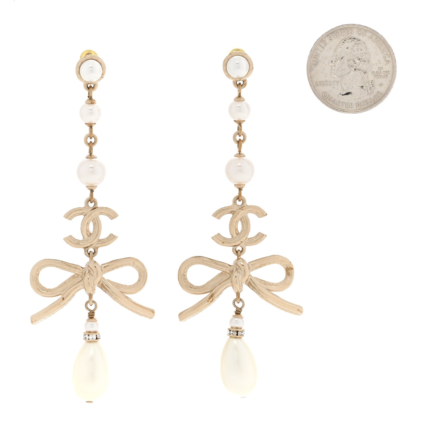 Chanel Pearl Crystal CC Bow Long Drop Earrings Gold Pearly White 2 of 6