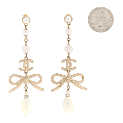 Chanel Pearl Crystal CC Bow Long Drop Earrings Gold Pearly White 2 of 6