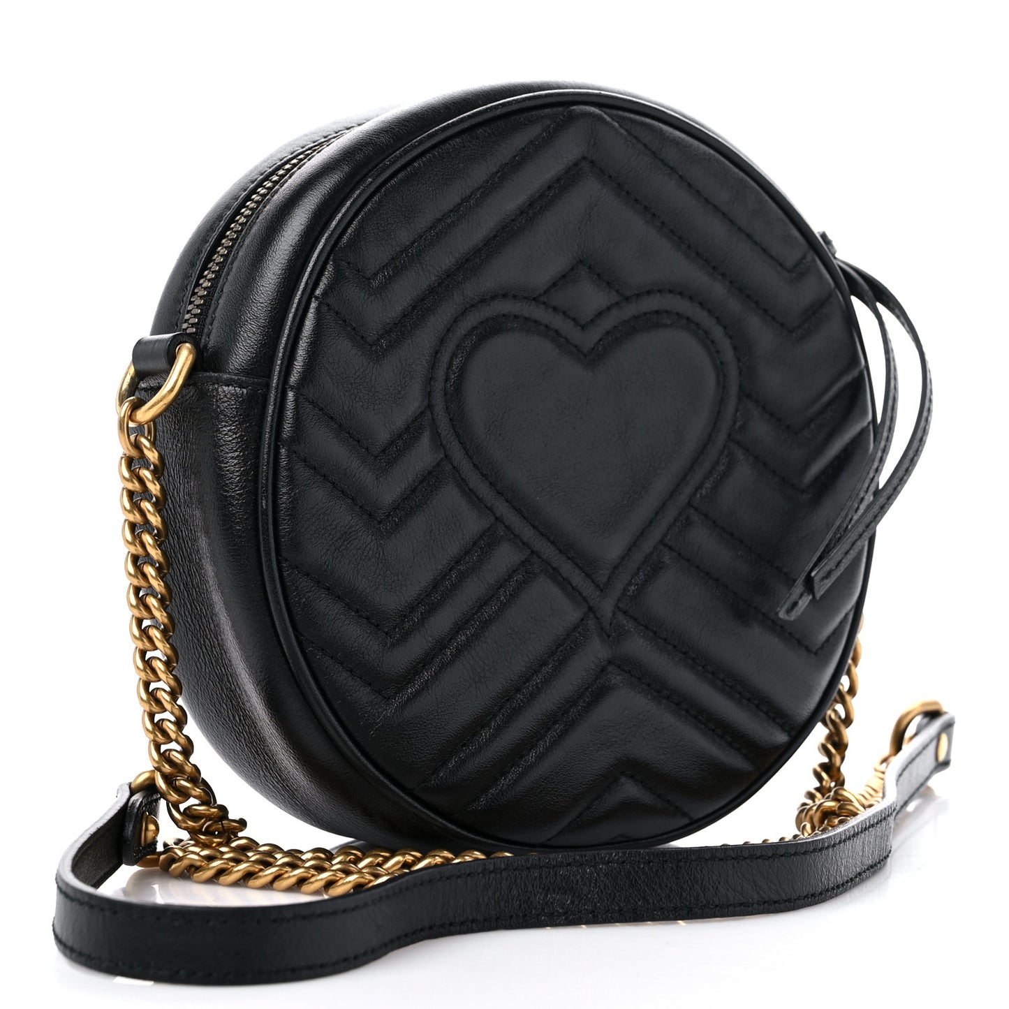 Azalea Calfskin Matelasse Heart Mini GG Marmont Round Shoulder Bag Black
