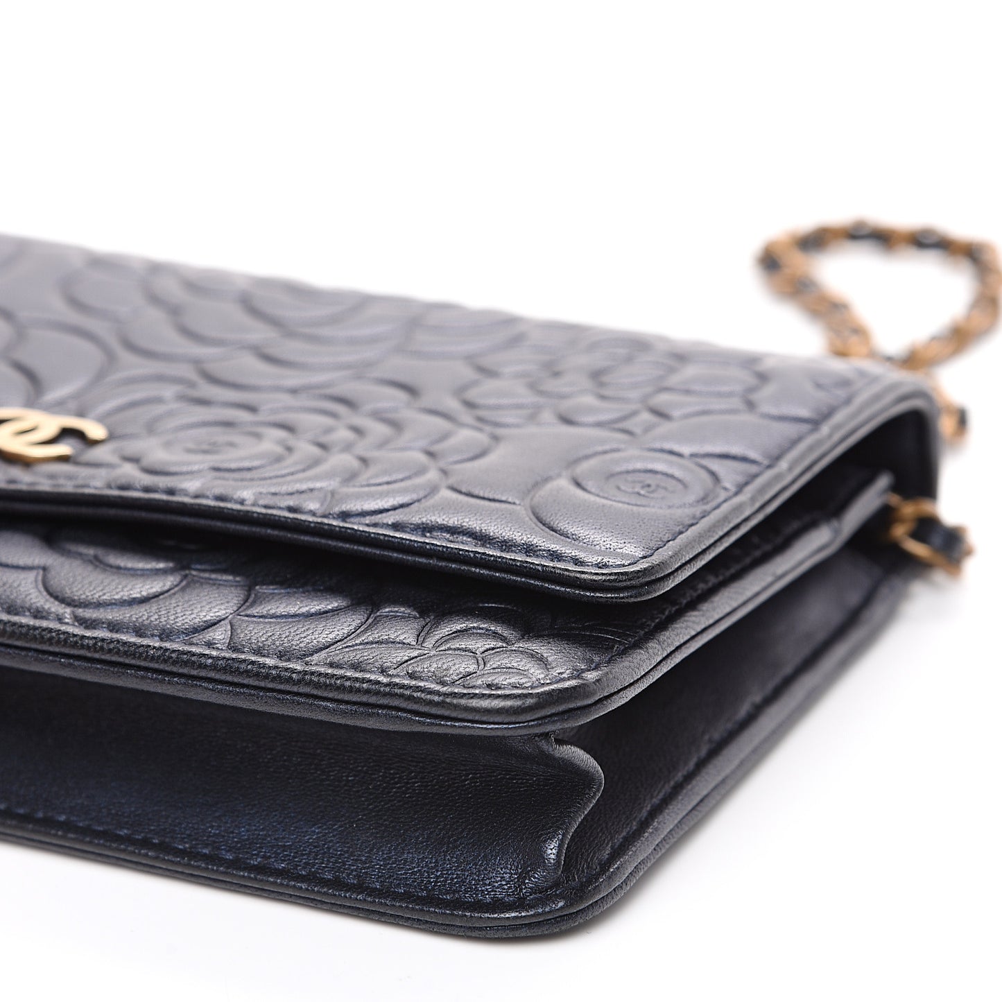 Goatskin Camellia Embossed Wallet On Chain WOC Navy
