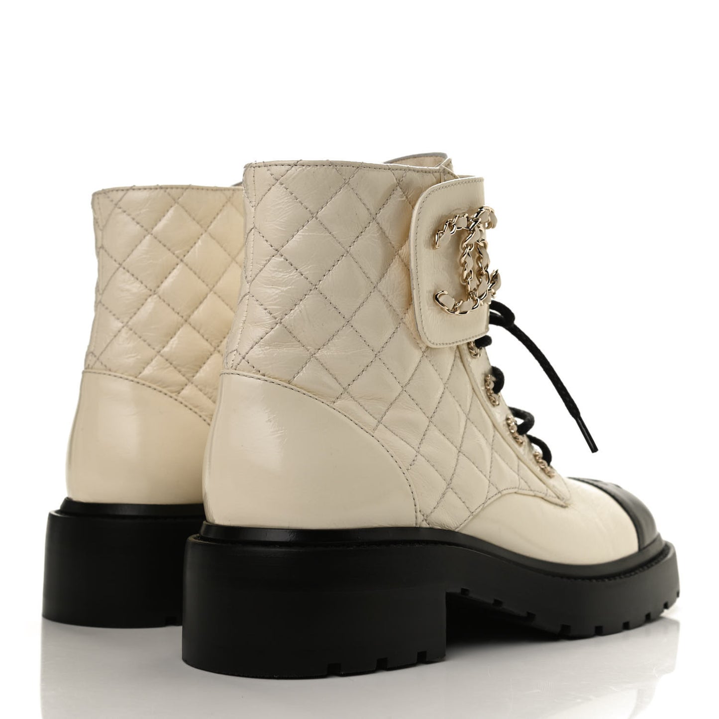Shiny Calfskin Quilted Lace Up Combat Boots 38 Ivory Black