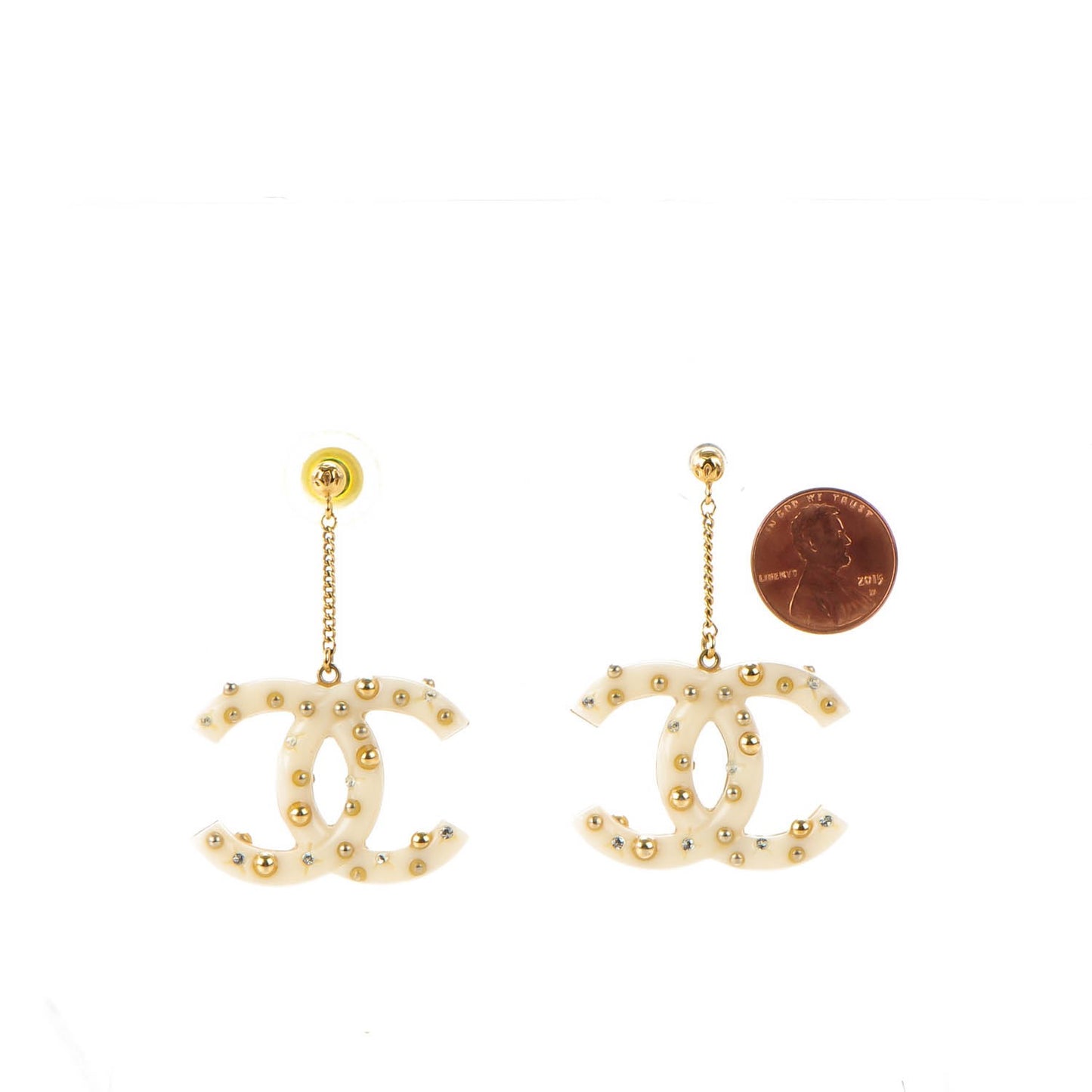 Resin Crystal CC Drop Earrings Gold Cream