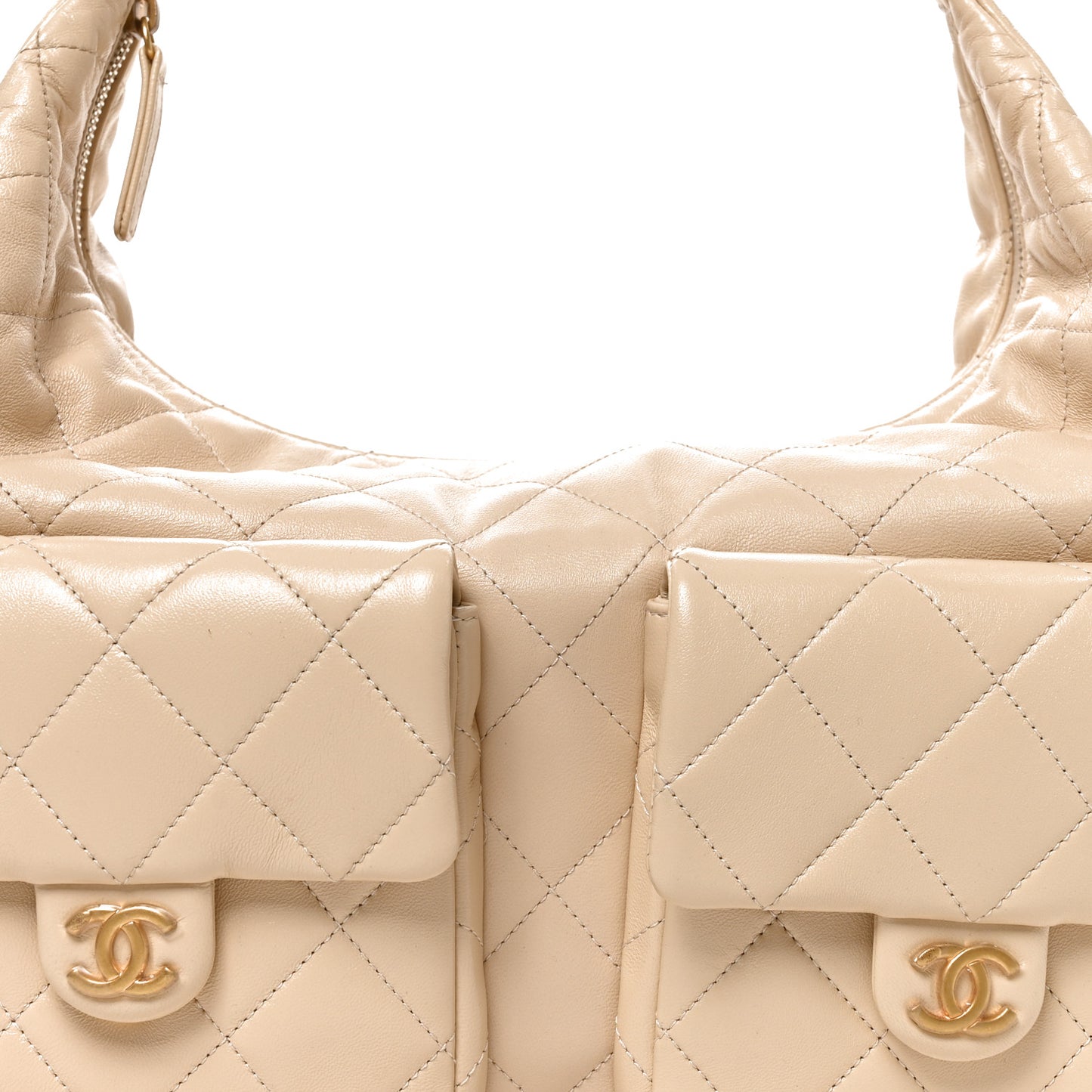 Shiny Lambskin Quilted Maxi Trendy Pockets Hobo Beige